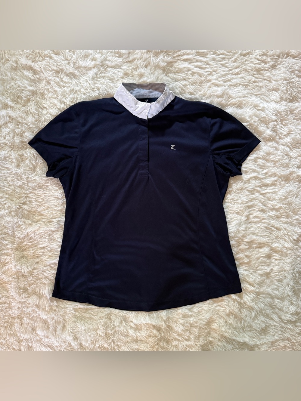 Women’s Size 14 Navy Horze Short Sleeve Horseback Riding Show Shirt. Good Condit